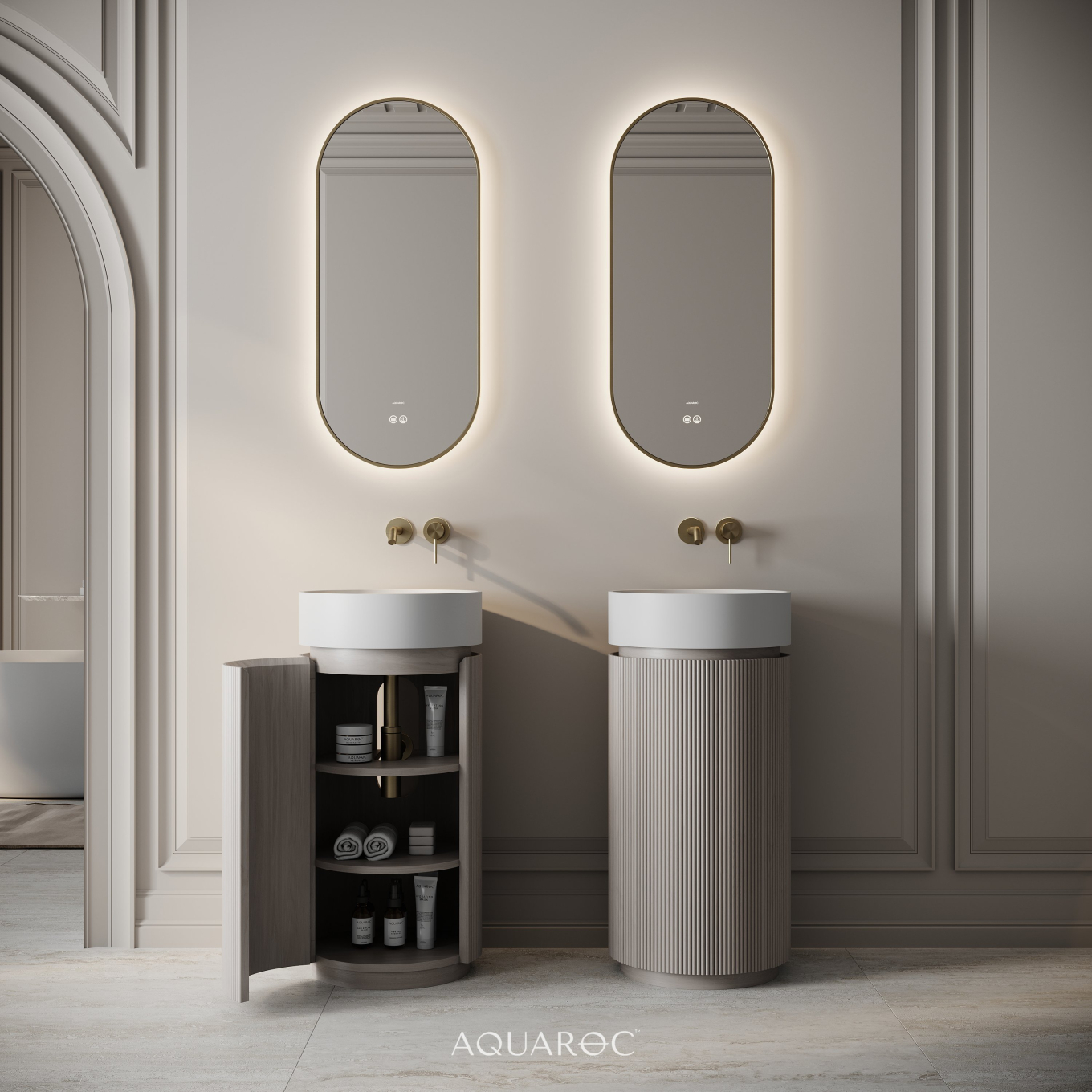 Rotunda Fluted Vanity Unit & Stone Basin 420mm Sabbia Grigio Oak